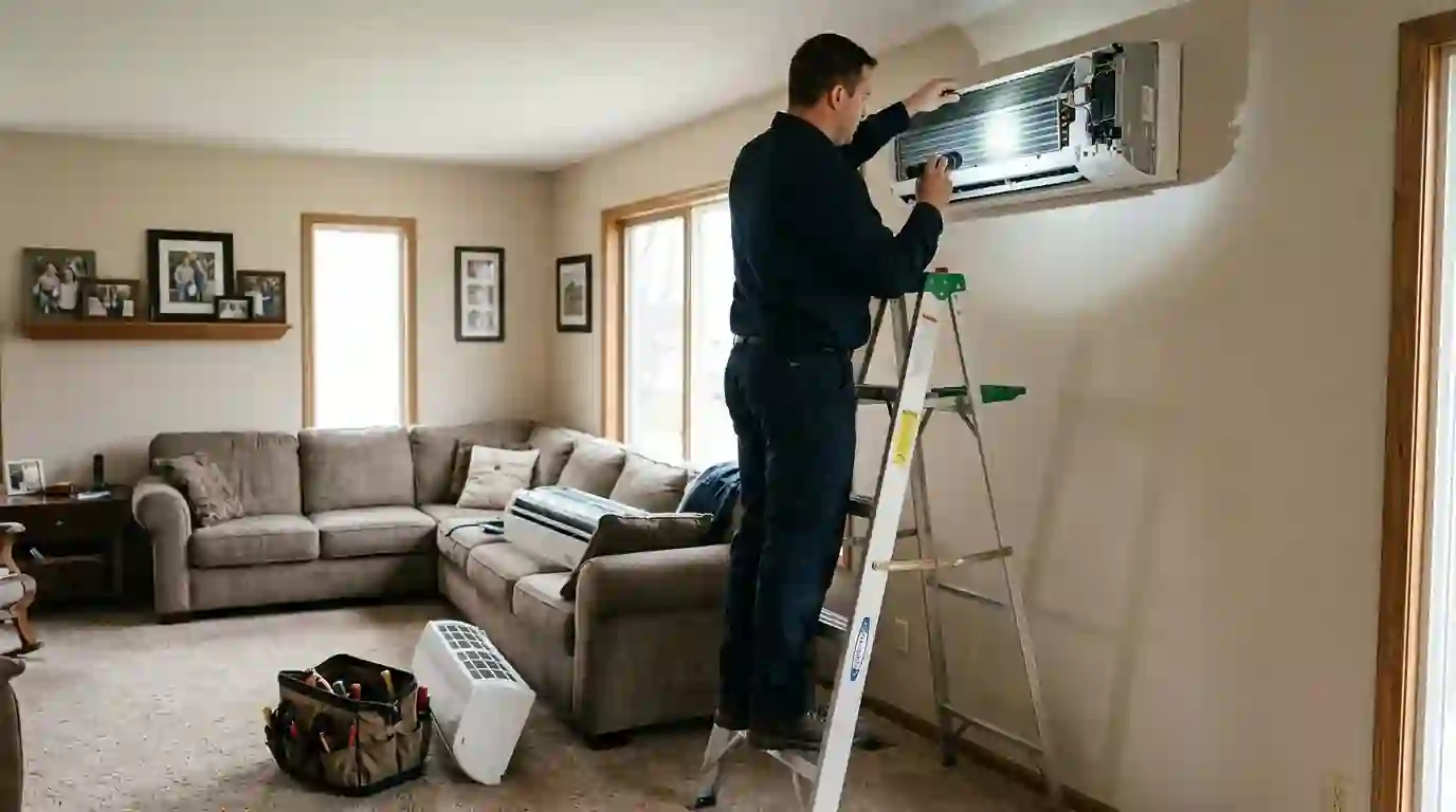 Landcons technician on a step ladder with the front cover off a wall-mounted ductless head in a Fort Wayne living room, flashlight on the coil.