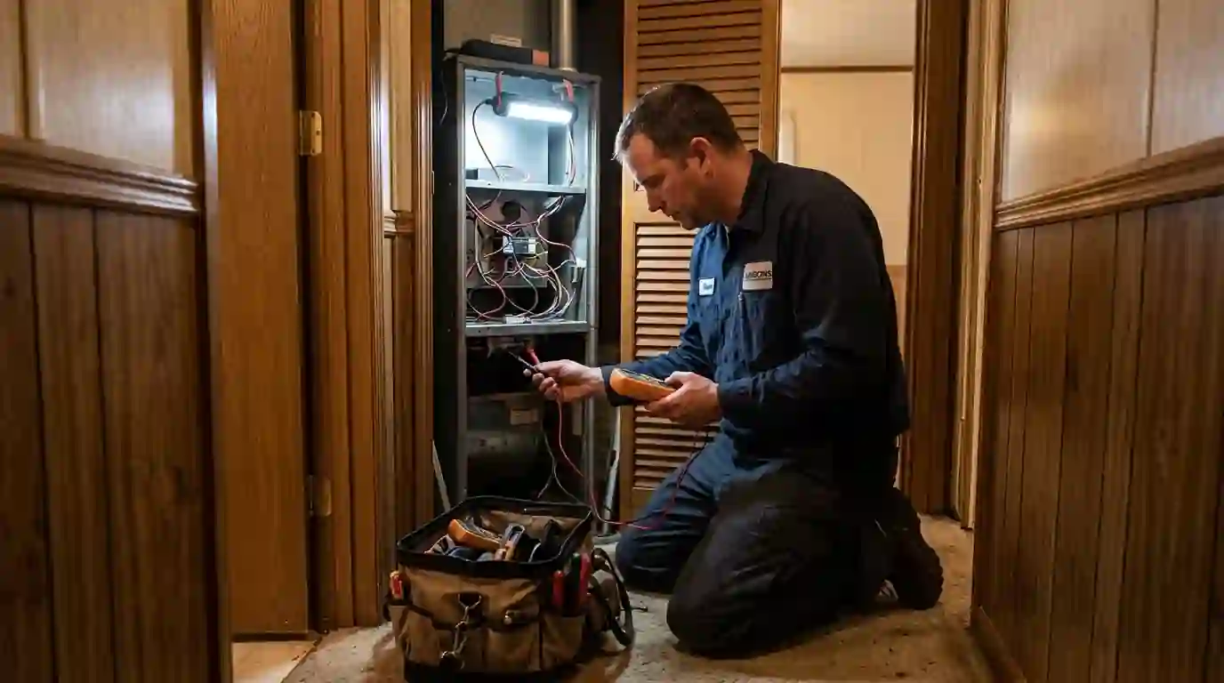 A Landcons technician kneels in the hallway closet of a manufactured home near Fort Wayne, Indiana, testing a downflow furnace with a meter under a work light.