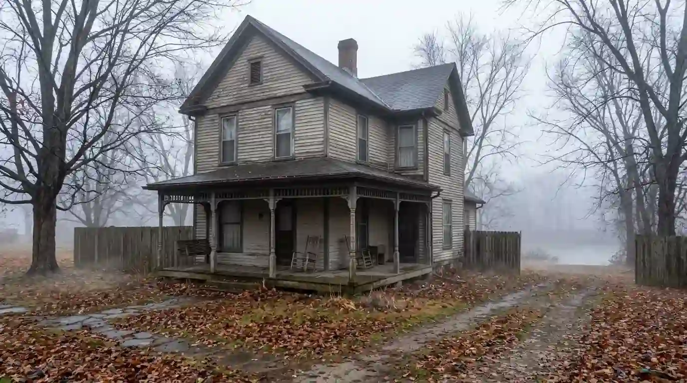 A turn-of-the-century two-story wood house in Huntington, Indiana, near the Wabash River on a foggy November morning, front porch, bare trees, wet leaves