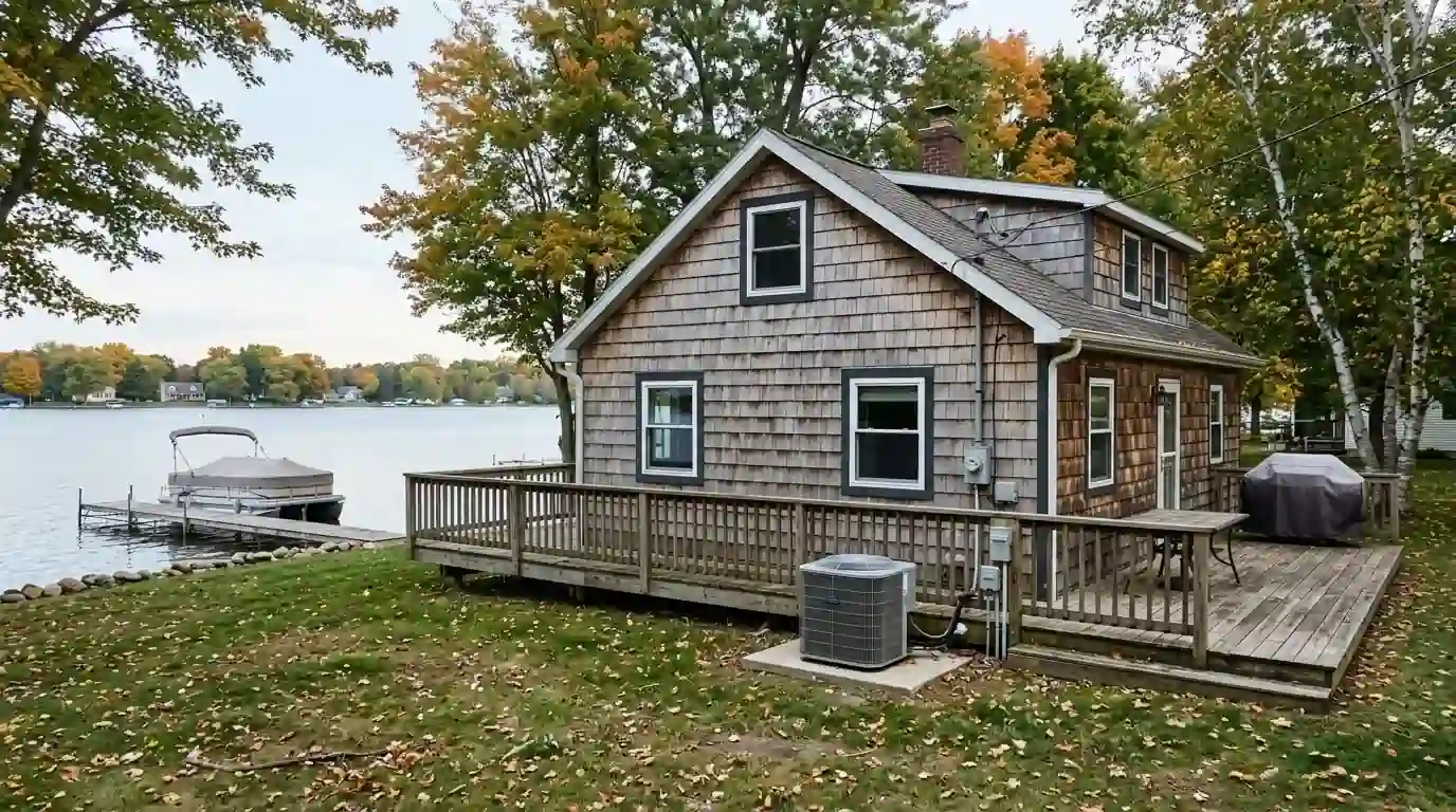 A shingled lake cottage converted to a year-round home on the shore of Lake Wawasee in Kosciusko County, Indiana, late September, calm water, an outdoor condenser beside the deck