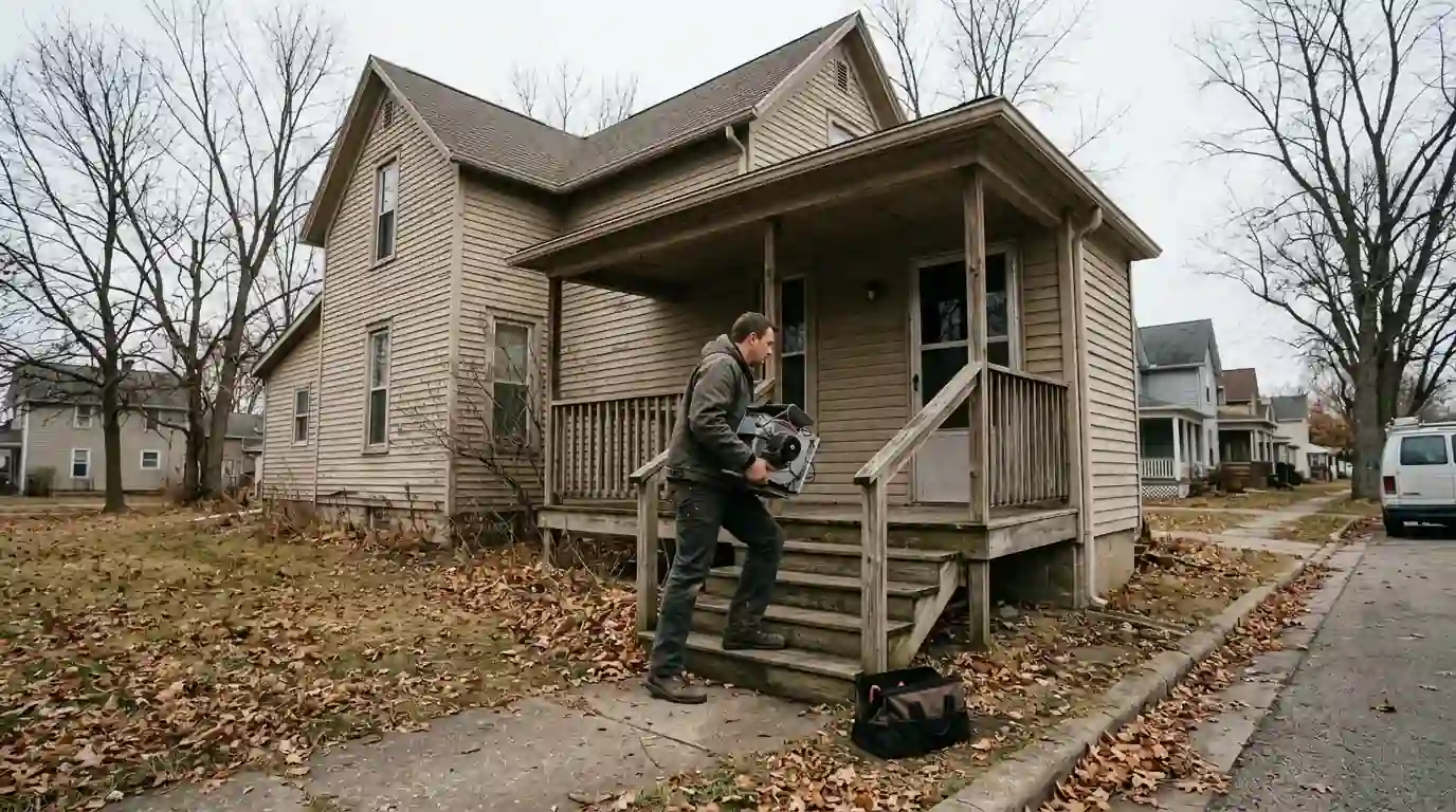 A two-story frame house a block off the historic courthouse square in Albion, Indiana, bare maples, gray November afternoon, a technician carrying a furnace part up the porch steps.