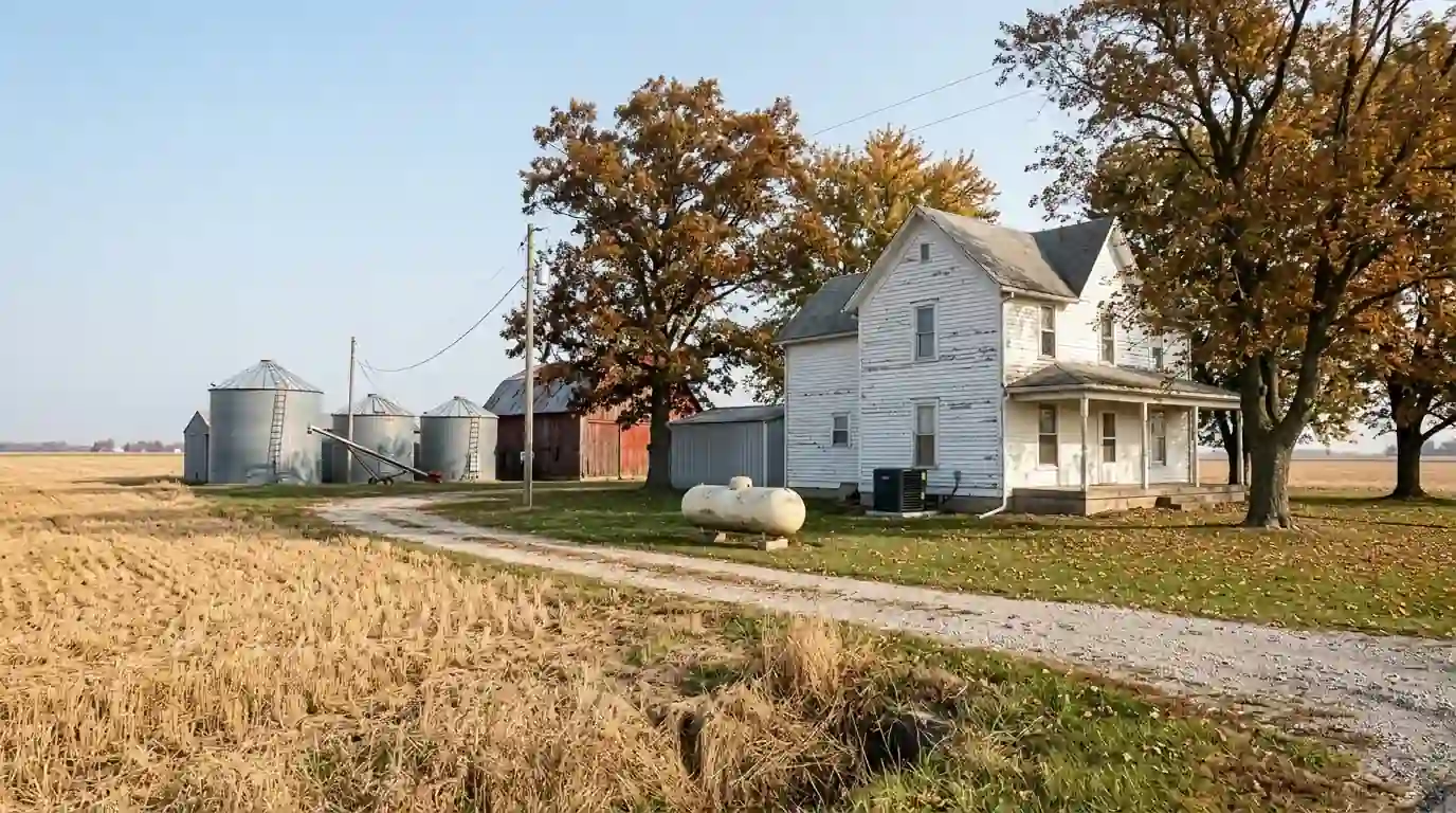 A farmhouse with a propane tank and grain bins on flat farmland in Van Wert County, Ohio, clear October morning with harvested fields and a condenser beside the house