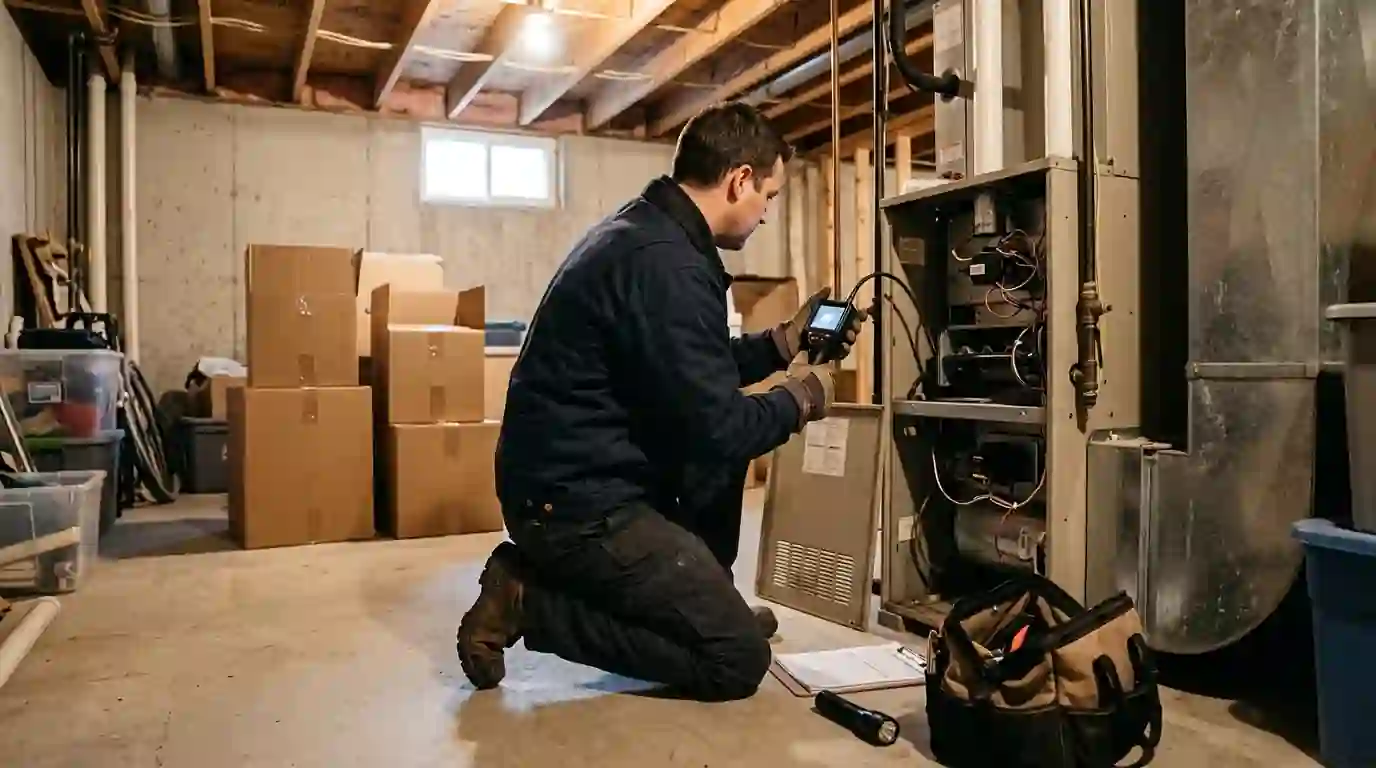 Landcons technician kneeling at an open furnace with an inspection camera in a Fort Wayne home for sale, moving boxes stacked nearby, warm basement light