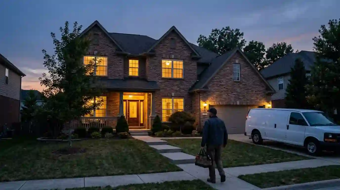 Two-story brick home in an Aboite subdivision at dusk with upstairs windows glowing, a Landcons technician walking toward the front door with a tool bag