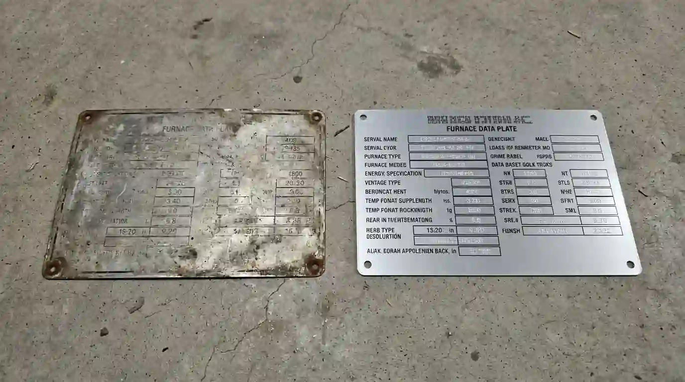 Old and new furnace data plates side by side on a basement floor during a replacement in Fort Wayne, Indiana