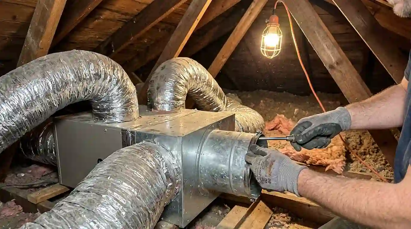 Close view of insulated flexible supply tubes branching from a compact air handler in an Indiana attic, rafters and work light visible, technician's gloved hands securing a fitting