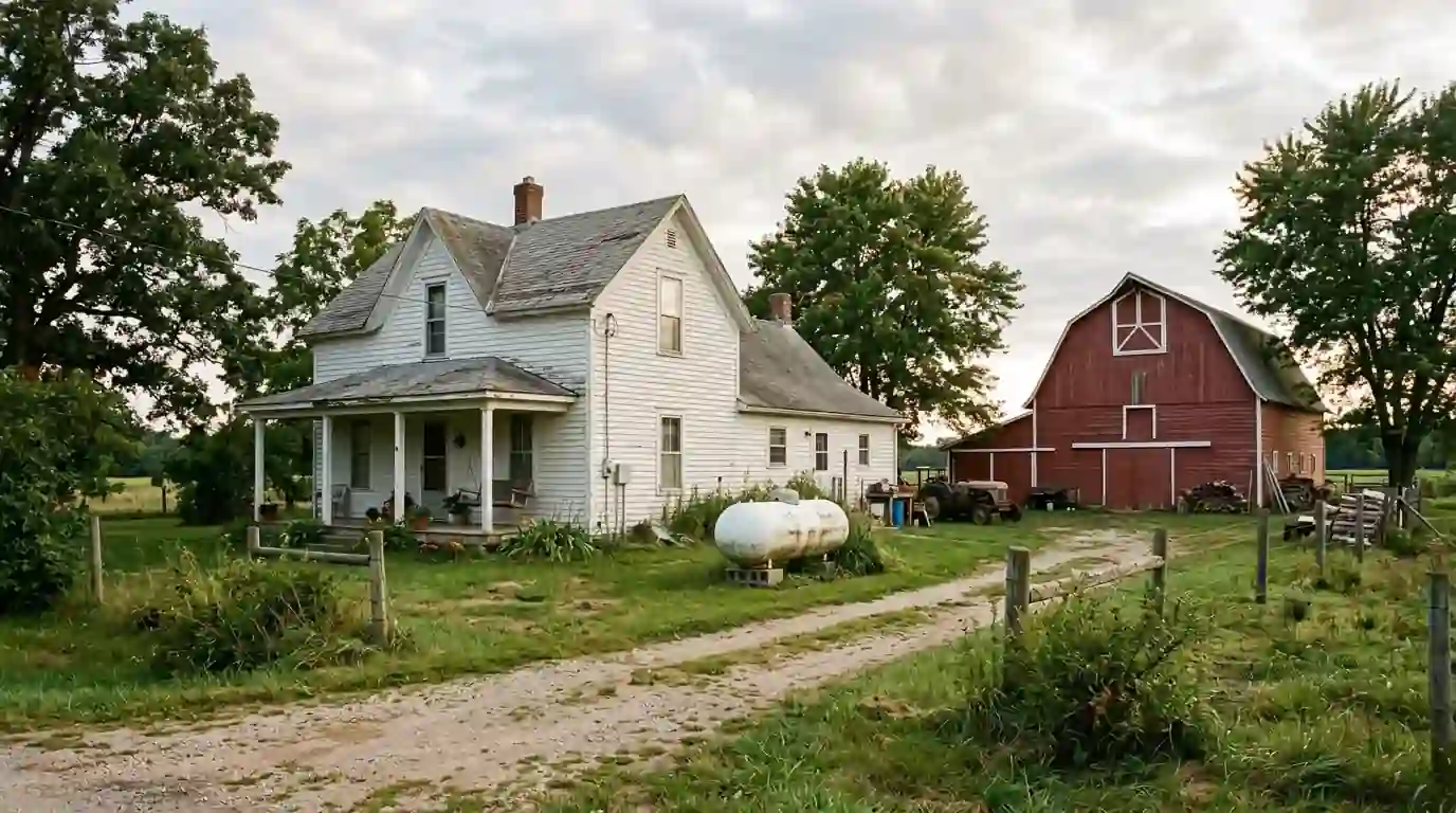 A white two-story farmhouse with a propane tank and red barn on flat farmland in Wabash County, Indiana, early December frost, low morning sun