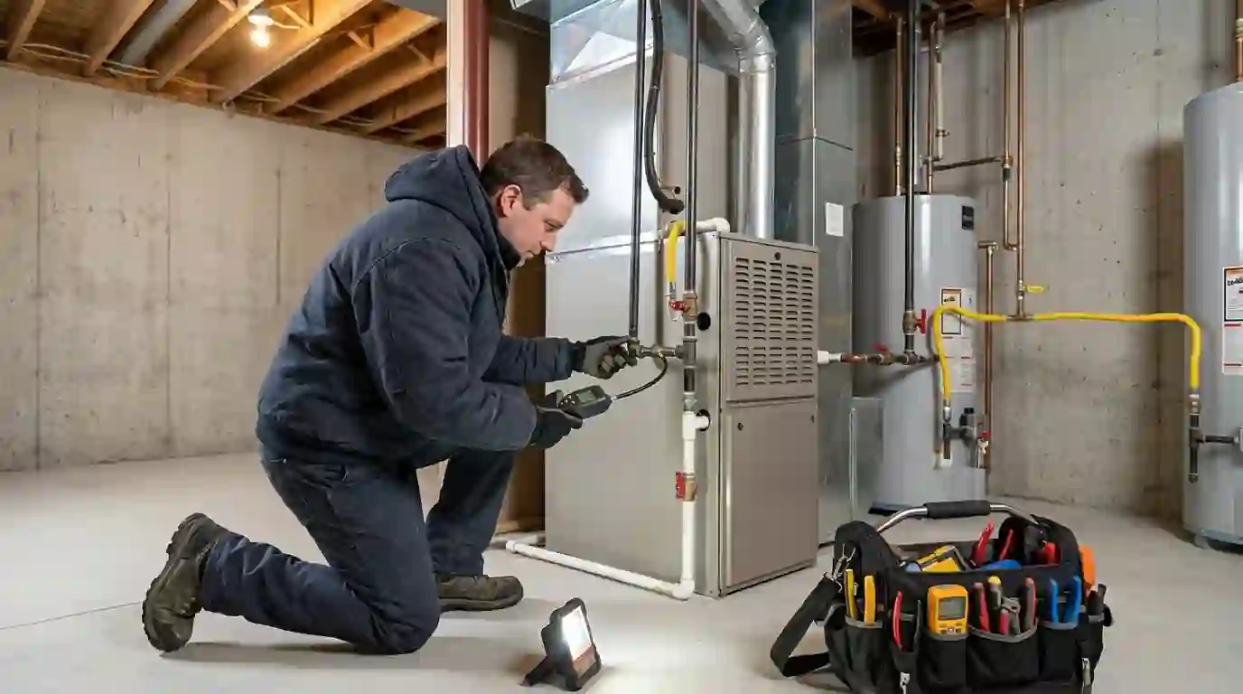 Landcons HVAC technician in a winter jacket checking a basement gas furnace with a flashlight in a Fort Wayne, Indiana home, warm light