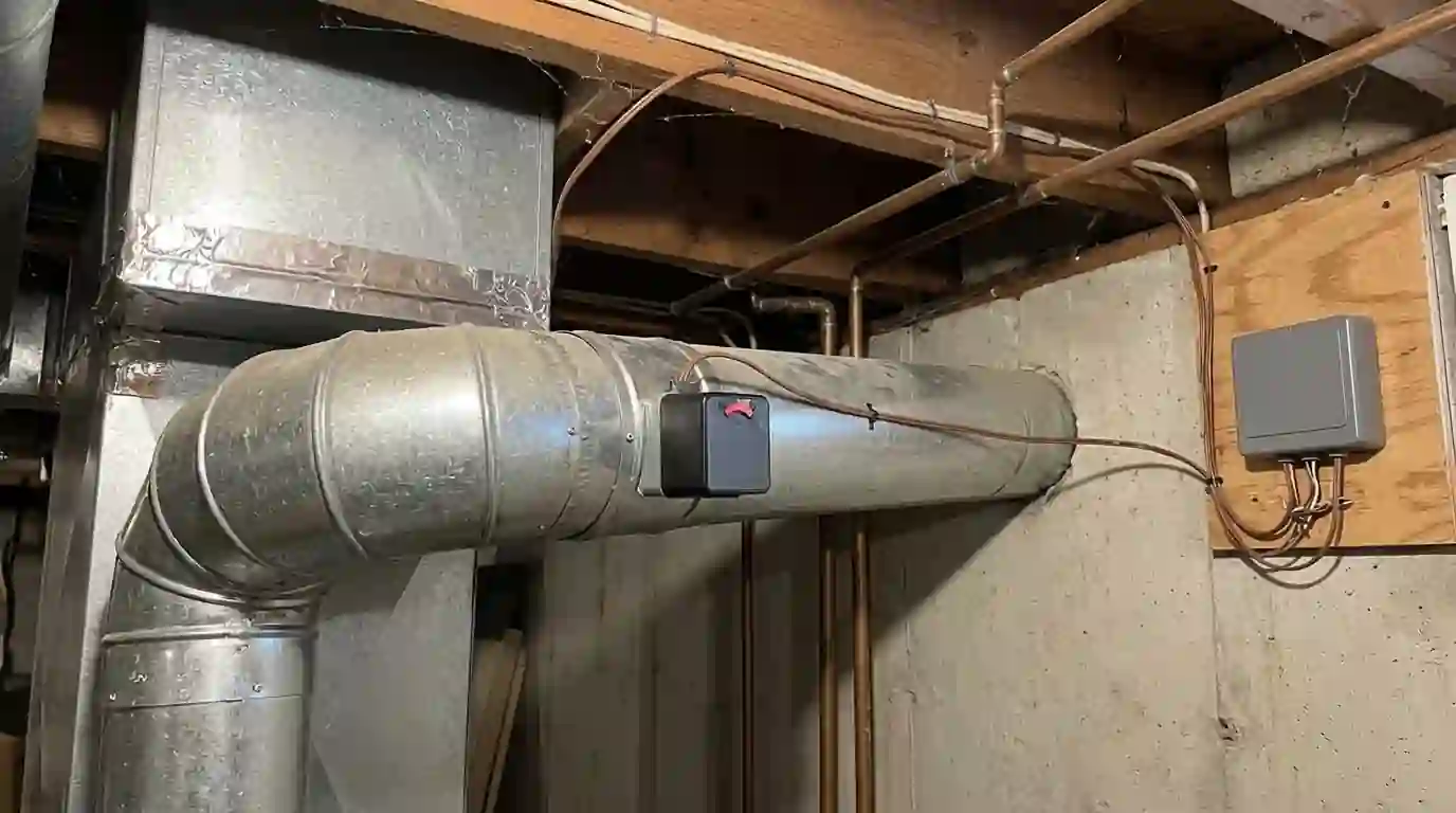 Motorized round zone damper fitted into a basement supply duct branch in a Fort Wayne home, low-voltage wire running to a small control panel nearby