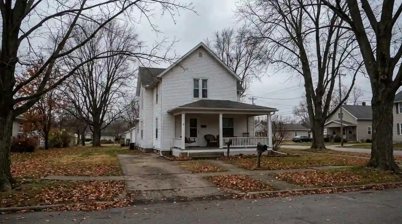 A two-story white frame house with a covered front porch in North Manchester, Indiana, early November, bare maple branches and gray sky over a quiet residential street.