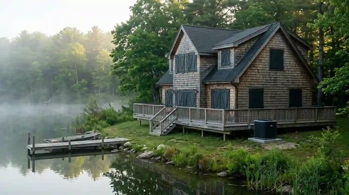 A shingled lake house on a quiet Steuben County, Indiana lake in early summer, morning mist over water, closed shutters, outdoor condenser beside the deck