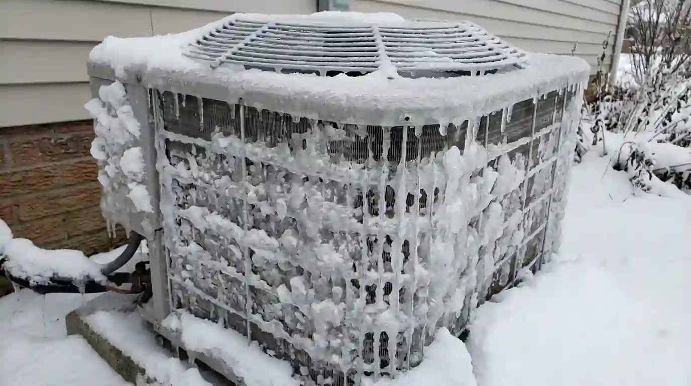 Close view of an outdoor heat pump coil with thick ice buildup on the fins and a fan guard frosted white, snowbanks around the pad at an Indiana home.
