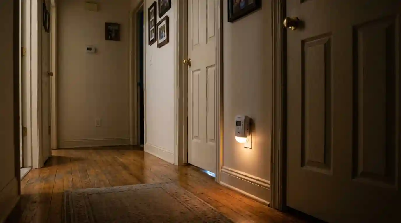 Hallway in an Indiana home with a plug-in carbon monoxide alarm mounted near bedroom doors, soft night light glow, wood floor and closed bedroom doors