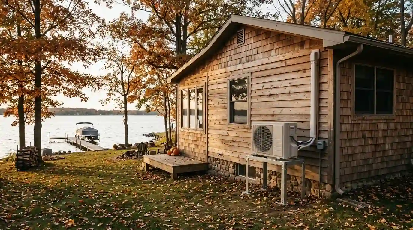 A converted cedar-sided lake cottage in Syracuse, Indiana with a ductless outdoor unit on a raised stand, Lake Wawasee shimmering behind it on a crisp October afternoon.