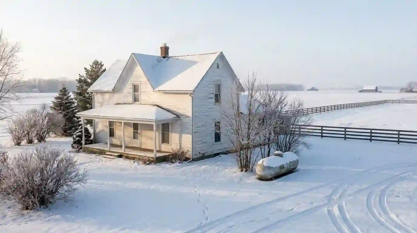 A white farmhouse in southern Adams County, Indiana, on a frosty winter morning, propane tank in the snowy side yard, horse fence and open farmland beyond