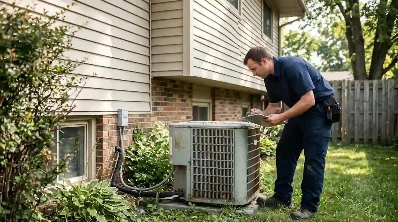 Landcons technician reading the data plate on an aging outdoor AC unit beside a Fort Wayne split-level home, clipboard in hand, bright summer morning
