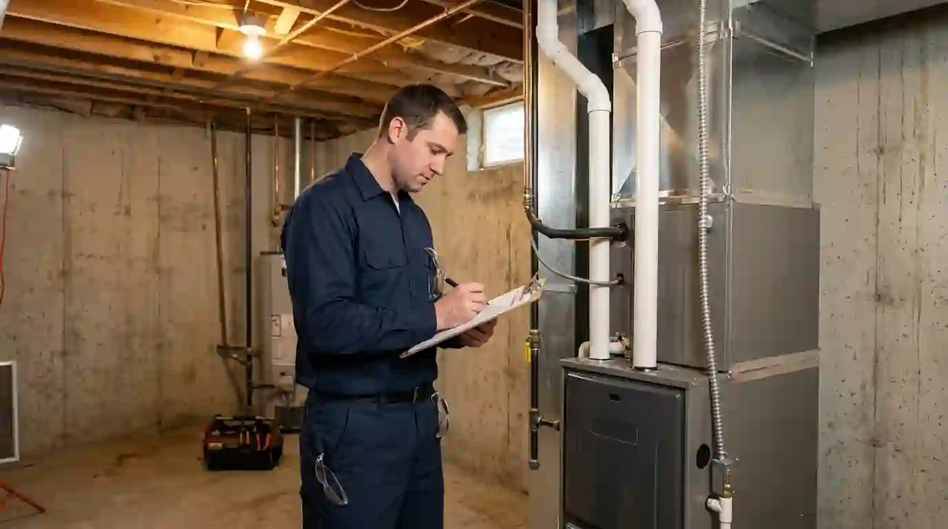Landcons HVAC technician writing a repair estimate on a clipboard next to a basement furnace in Fort Wayne, Indiana