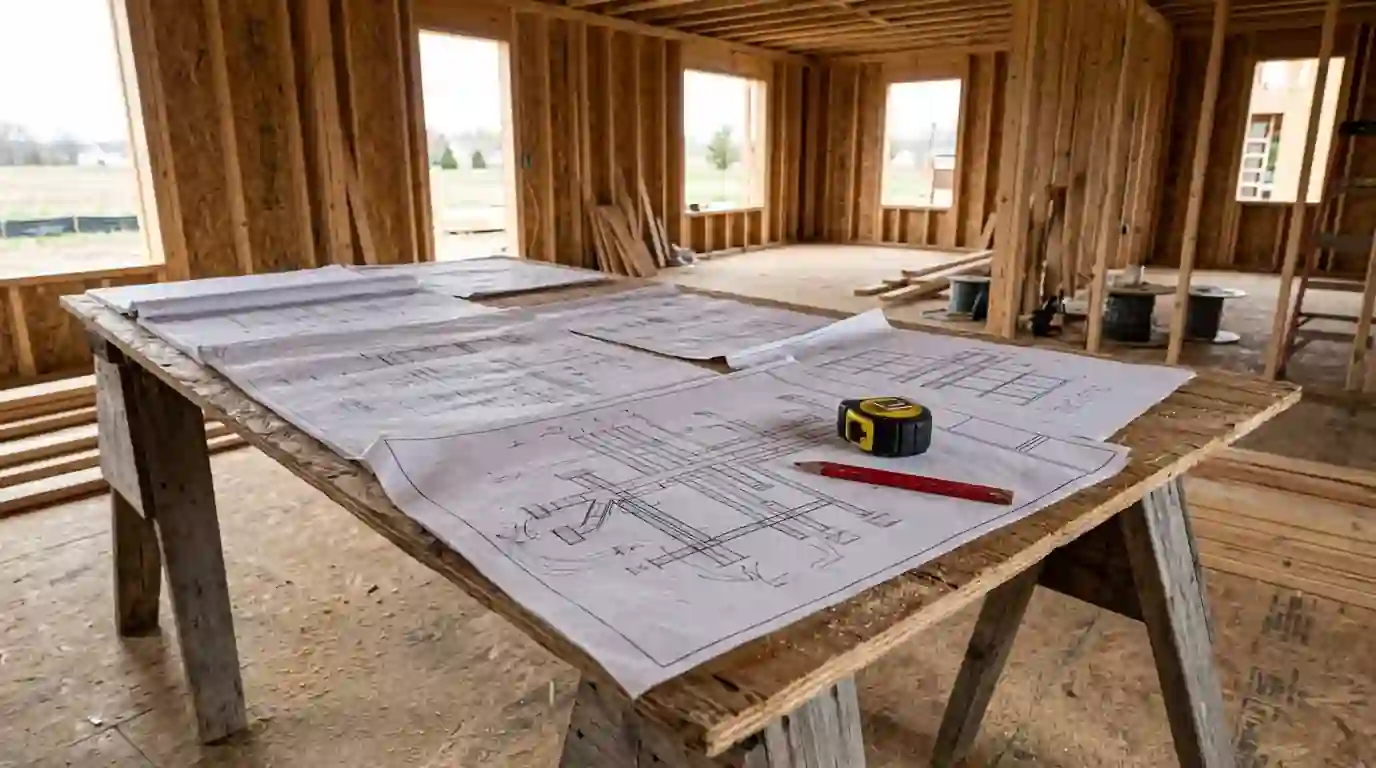 HVAC duct design drawings spread across a sawhorse table inside a framed Indiana new home, tape measure and pencil resting on the plans