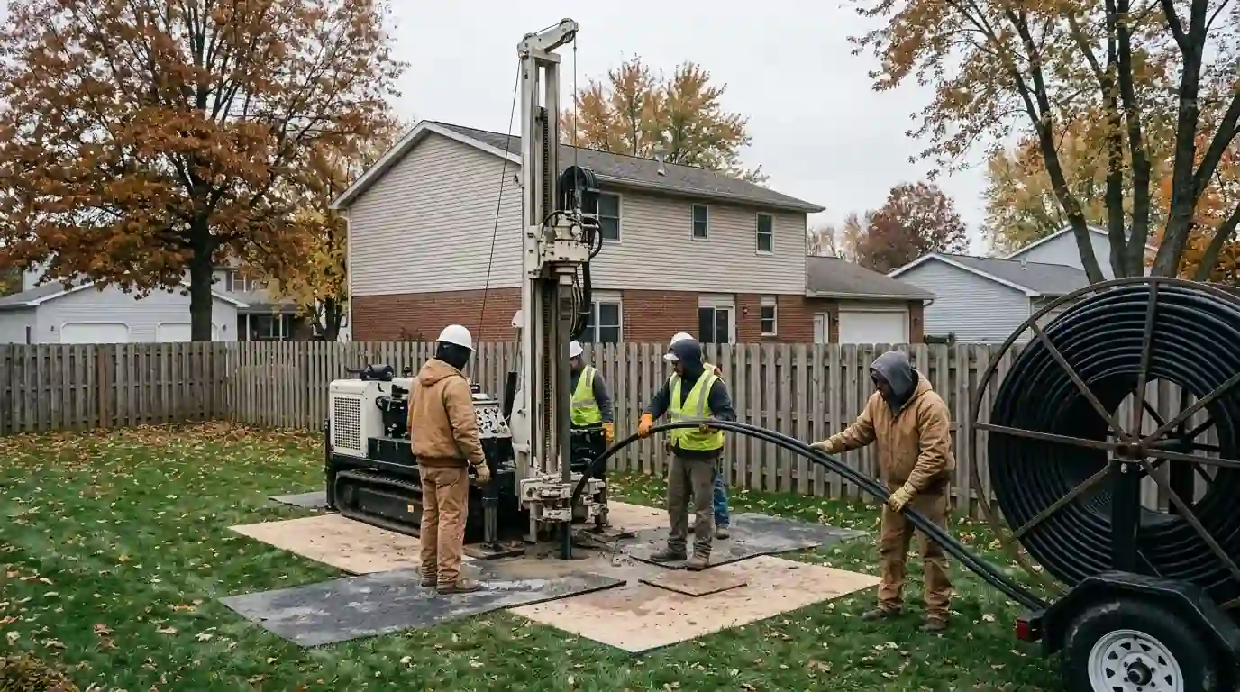 Drilling rig boring a vertical geothermal loop in a suburban Fort Wayne backyard, Landcons crew guiding black loop pipe, overcast autumn morning light