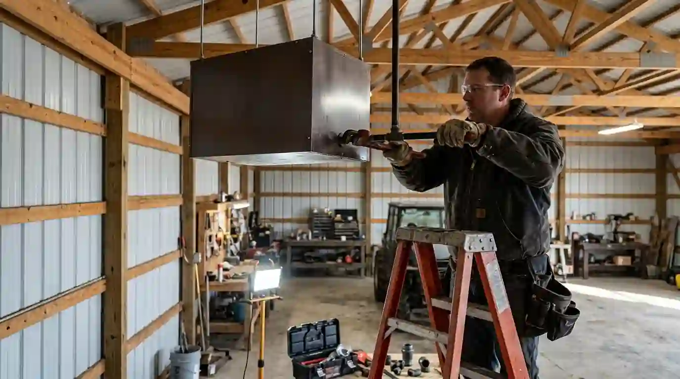 Landcons technician on a ladder connecting black iron gas pipe to a hanging shop heater inside an Indiana pole barn, steel siding and work lights overhead.
