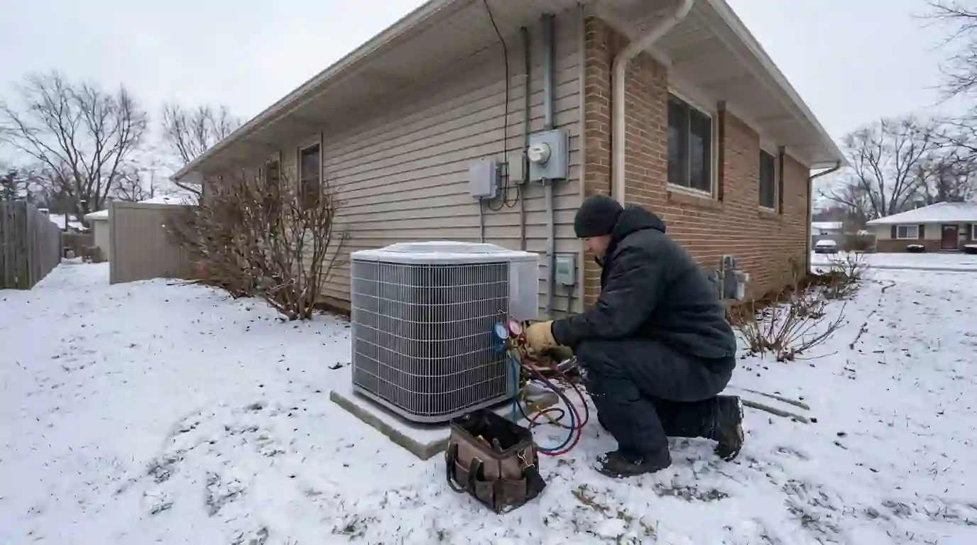 A Landcons technician connects refrigerant gauges to an outdoor heat pump coated in light frost beside a Fort Wayne ranch home, overcast winter sky and snow on the lawn.