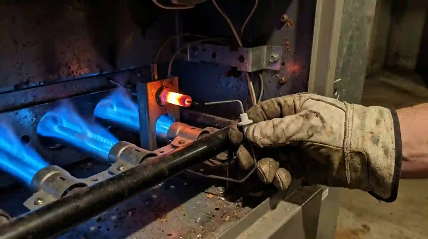 Close view of a glowing hot surface igniter and steady blue burner flames inside a residential furnace in Indiana, a gloved hand holding a small flame sensor nearby.