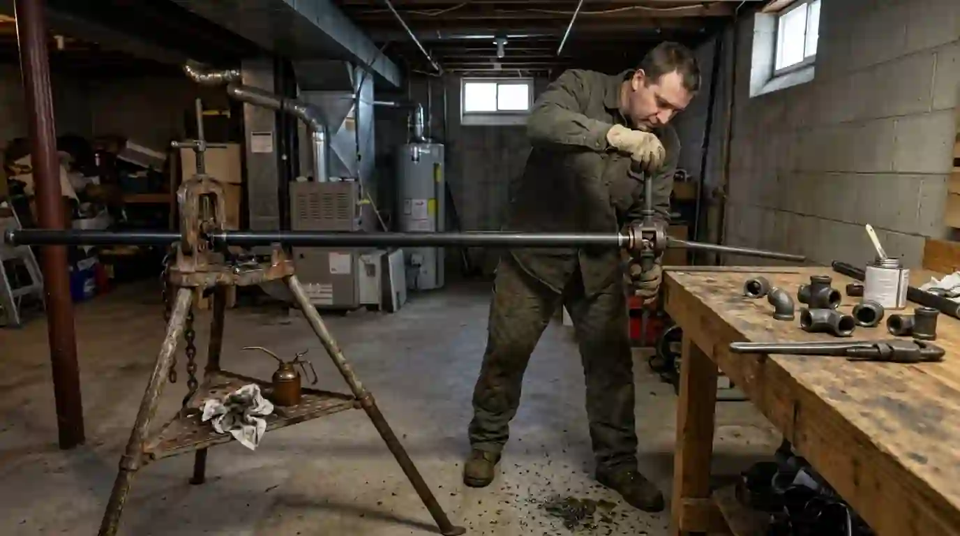 Landcons technician threading black iron gas pipe on a stand in a Fort Wayne basement, pipe dope and fittings laid out on a workbench