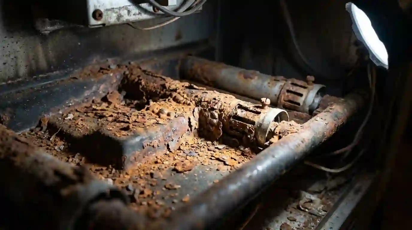 Rust and scale on the burner tray of a twenty-year-old gas furnace in a Fort Wayne, Indiana basement, flashlight beam