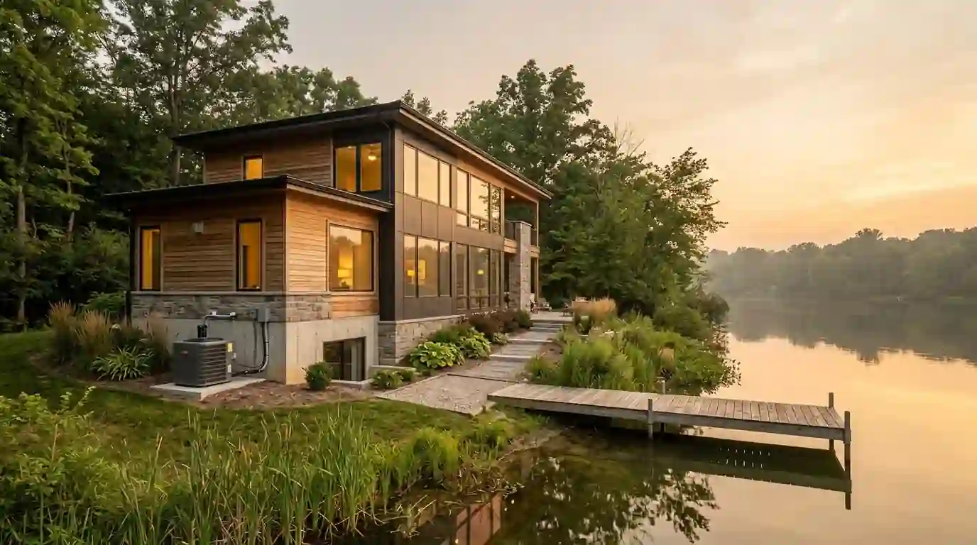 A modern lake house in Whitley County, Indiana, on a humid summer evening, wooden dock on calm water, heat pump beside the foundation, soft golden light