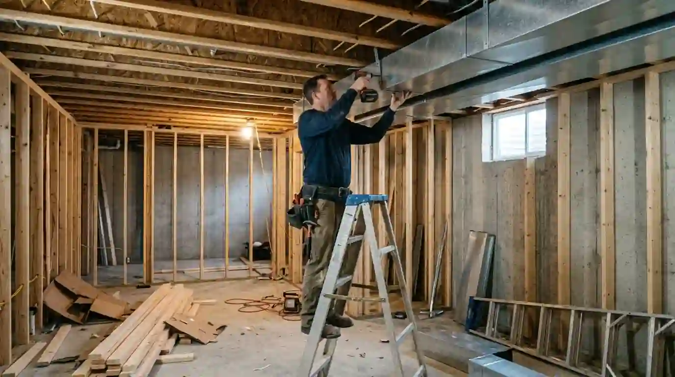 Landcons technician hanging a new galvanized supply trunk between open joists in an unfinished Fort Wayne basement being framed for a family room, morning light