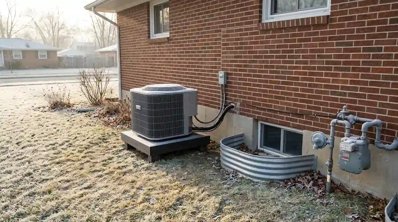 A new outdoor heat pump sits on a raised pad beside a brick ranch home in Fort Wayne on a frosty morning, a gas meter and basement window well nearby.