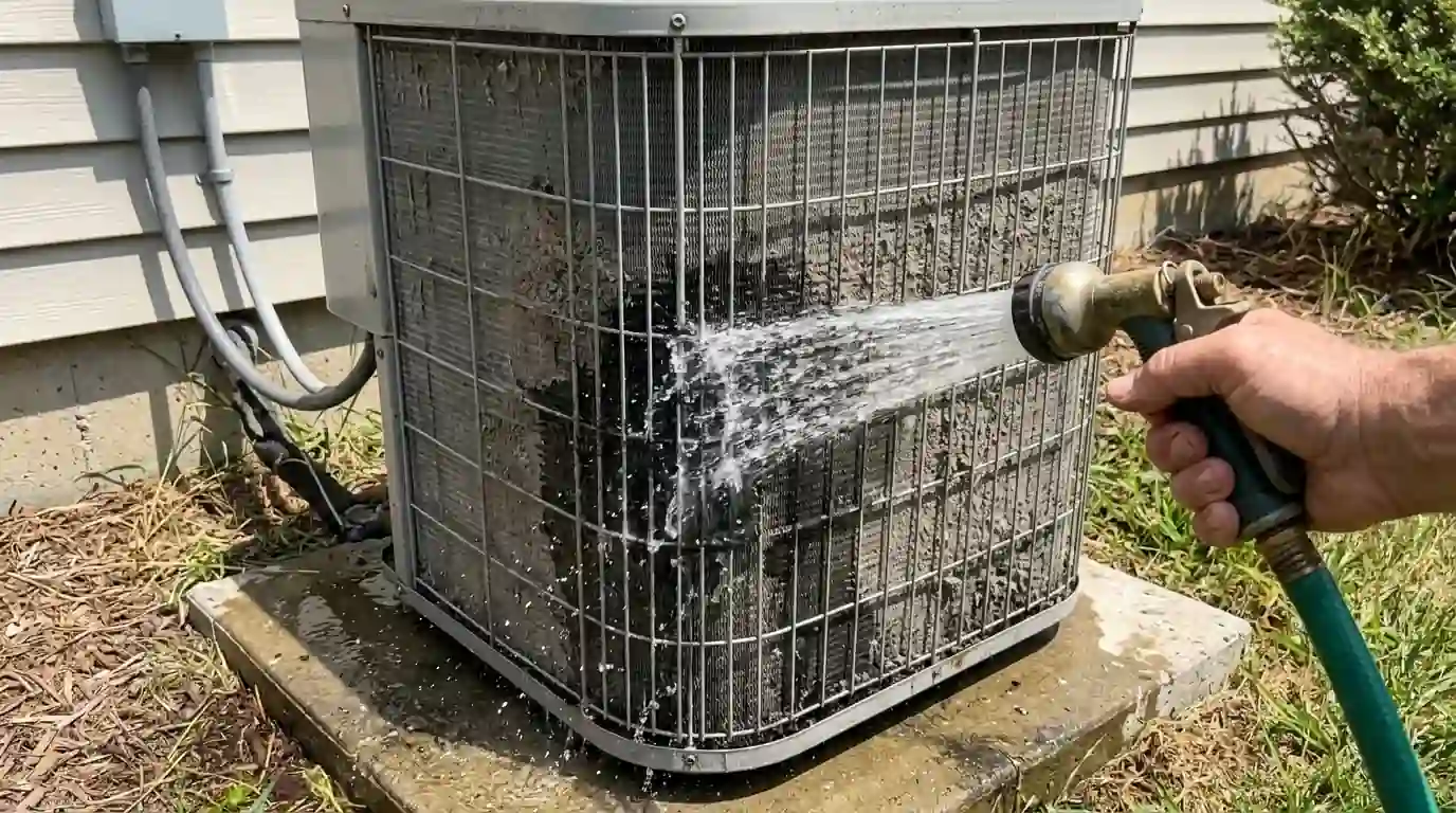 Homeowner hand pointing a garden hose at a dusty outdoor AC condenser coil on a hot Fort Wayne, Indiana afternoon