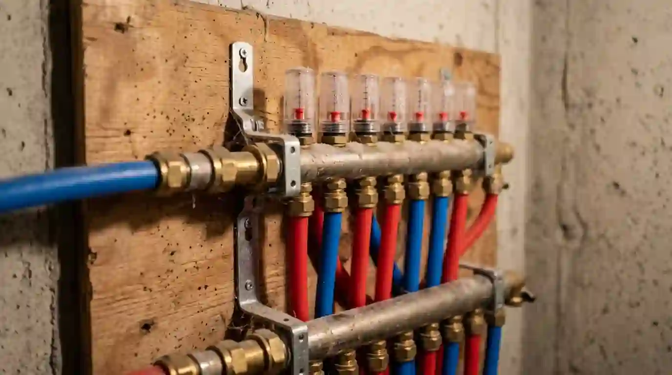 Close view of a radiant heating manifold with flow meters and blue and red PEX loops mounted on a basement wall in an Indiana home, soft work light.