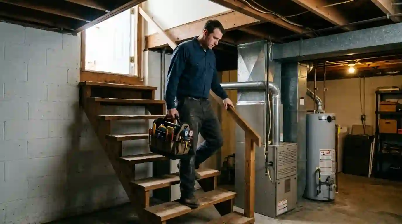 Landcons HVAC technician carrying tools down basement stairs toward a furnace and water heater in a Fort Wayne, Indiana home