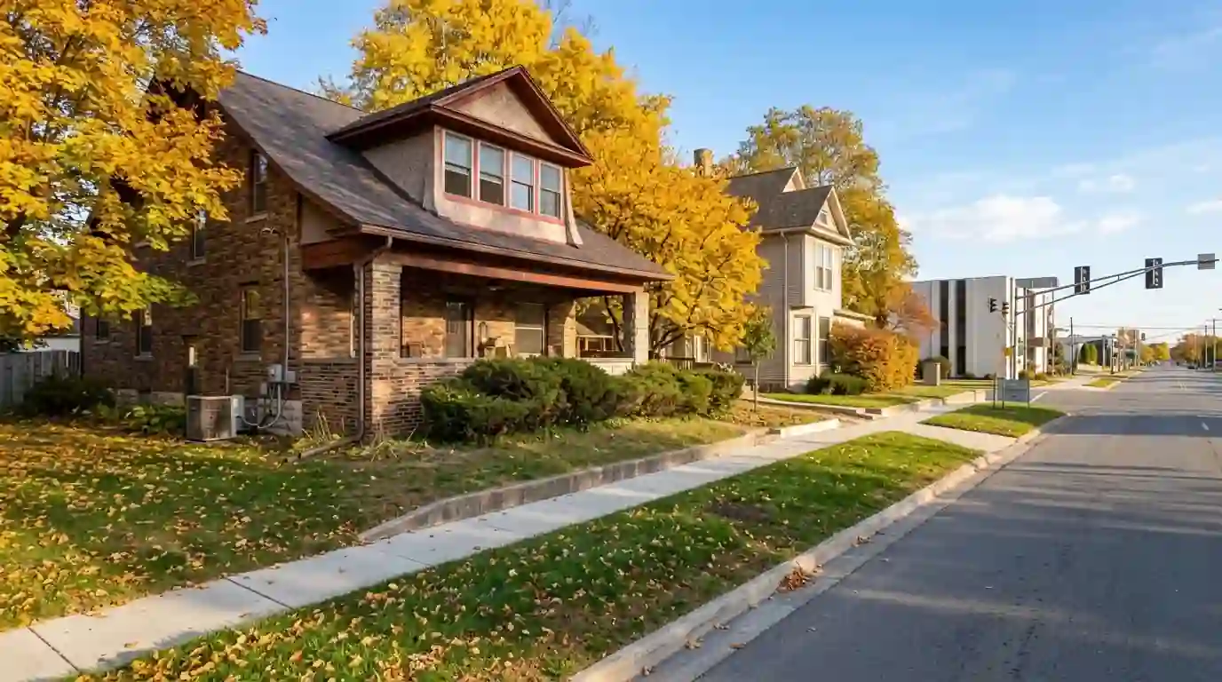 An older brick home on a tree-lined street in Auburn, Indiana, DeKalb County, on a crisp October afternoon with yellow maple leaves and a condenser along the side wall