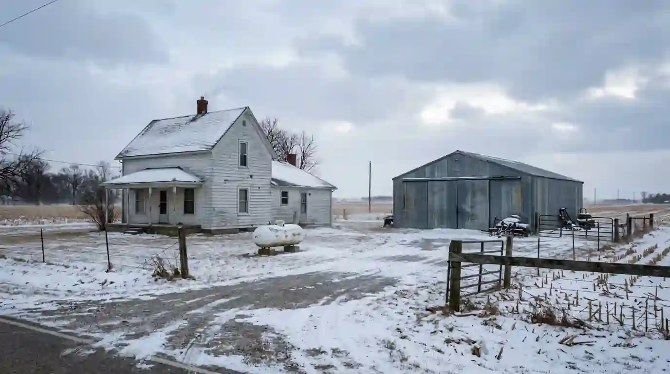 A two-story farmhouse with a white propane tank and a metal pole barn on flat open farmland in Jay County, Indiana, windswept late January afternoon with light snow