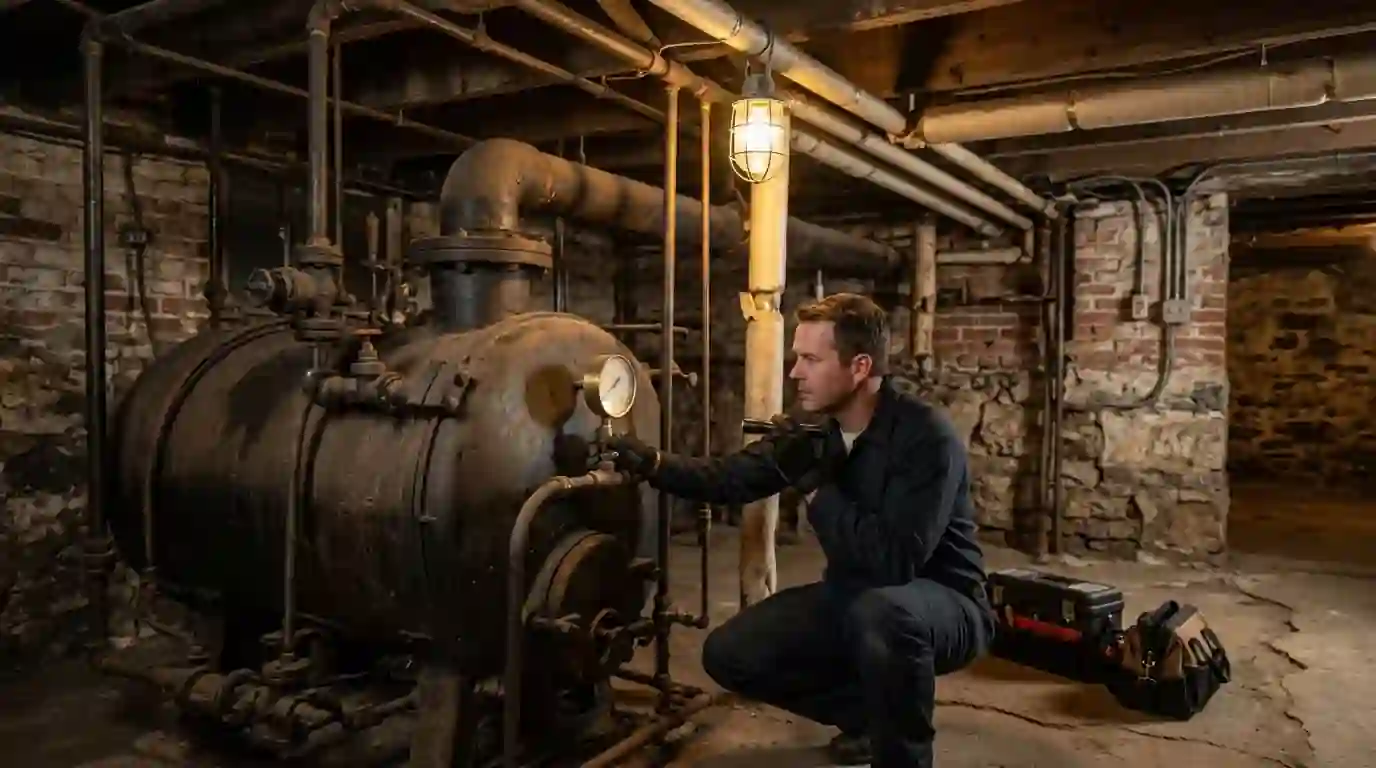 A Landcons technician checks the pressure gauge on a cast iron boiler in the basement of a historic Fort Wayne home, old radiator piping overhead and a lantern-style work light.