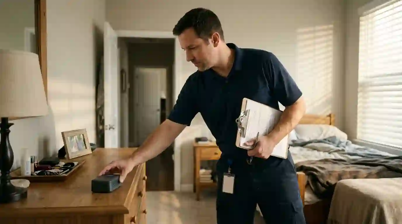 Landcons technician placing a small air quality data logger on a bedroom dresser in a Fort Wayne two-story home, clipboard in hand, morning light through blinds