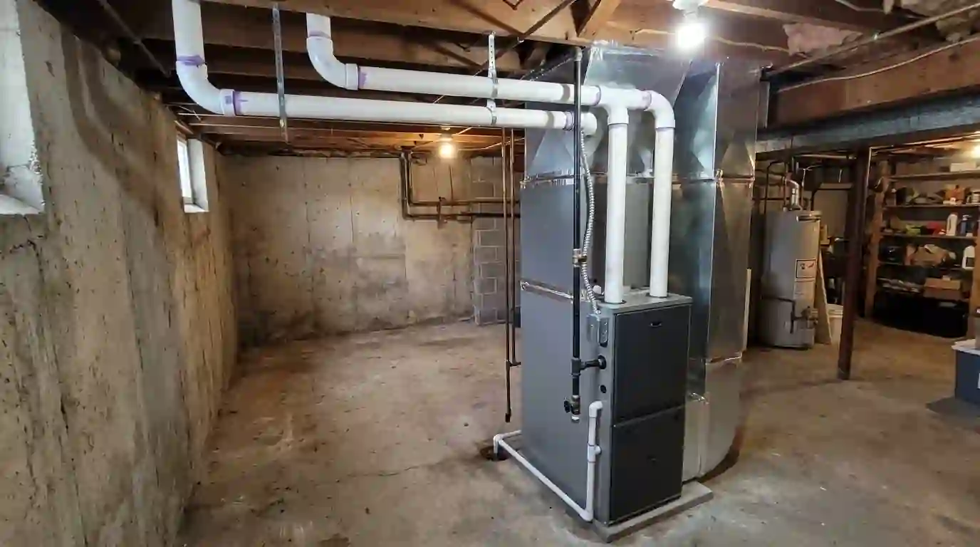 New high-efficiency gas furnace with white PVC vent pipes installed in an unfinished basement in Fort Wayne, Indiana