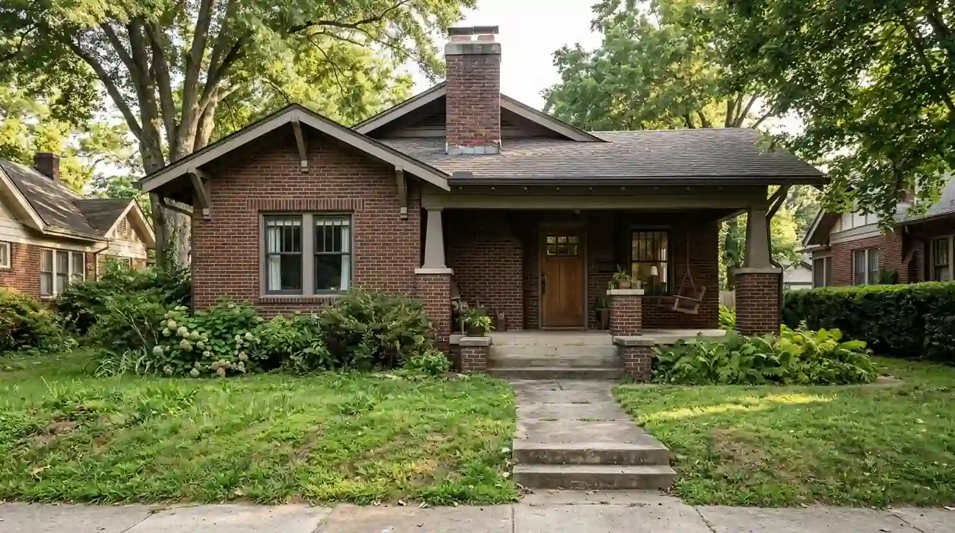 1920s brick bungalow with a central chimney and a low front porch on a tree-lined street near North Anthony Boulevard, Fort Wayne, crisp November afternoon.
