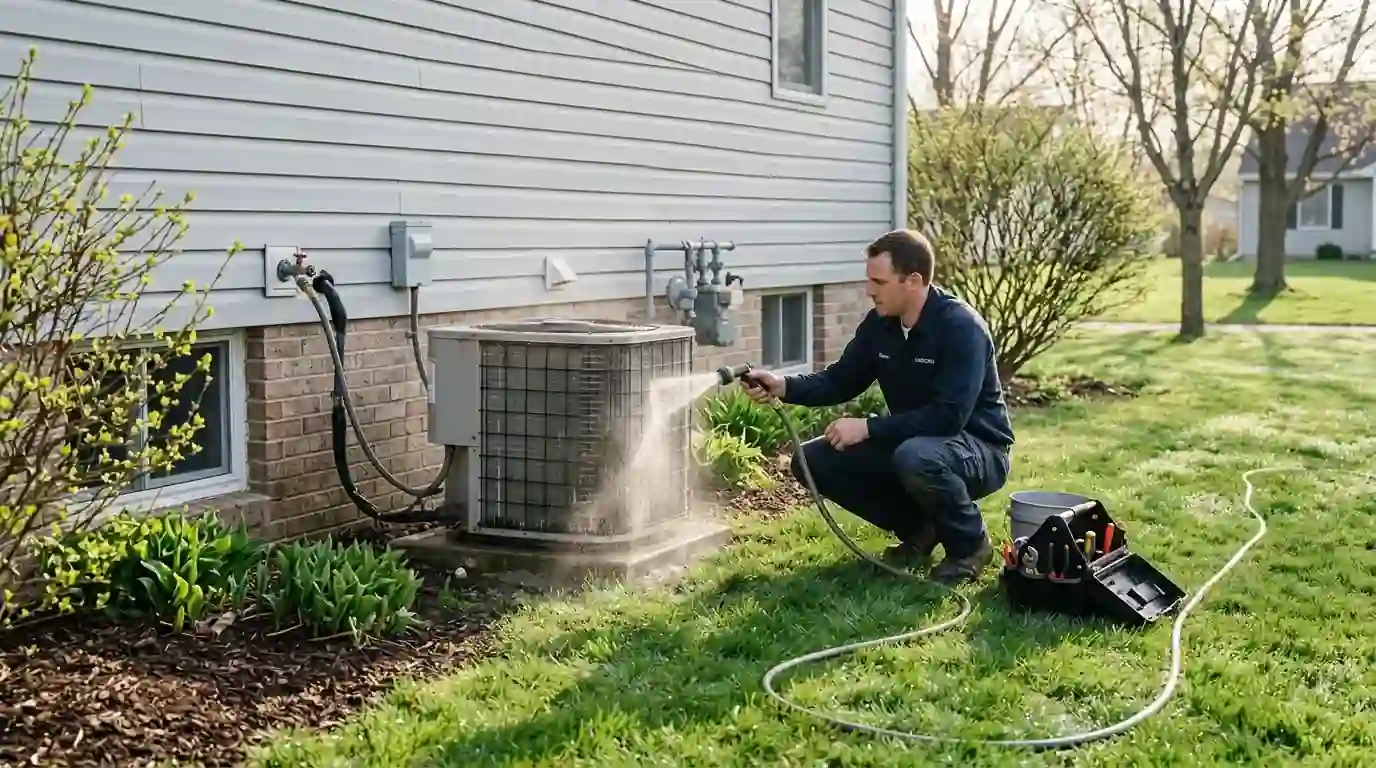 Landcons technician rinsing an outdoor AC coil with a garden hose beside a Fort Wayne home in spring, fresh green lawn, soft morning light.