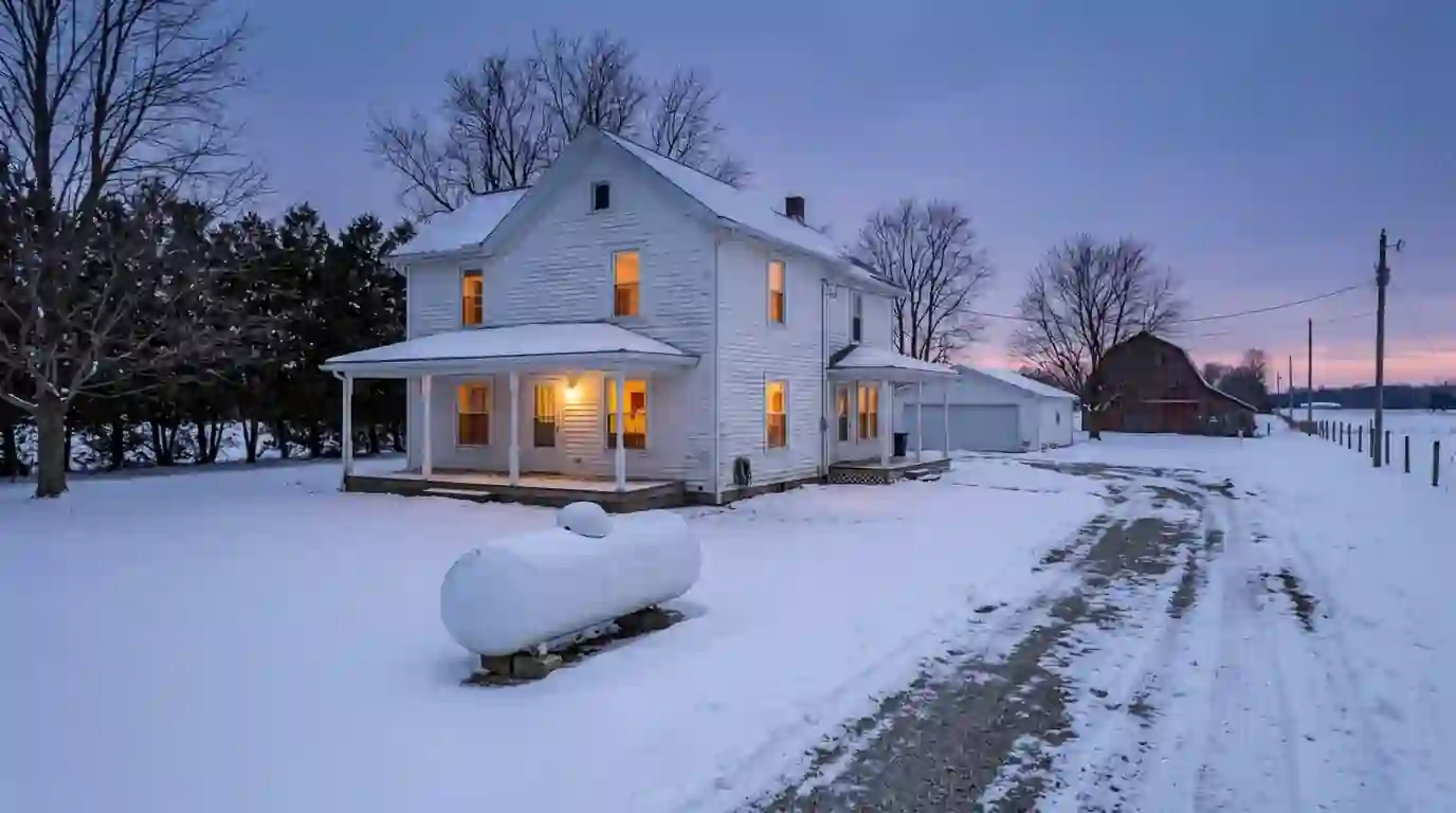 A farmhouse with a white propane tank in the side yard outside Churubusco, Indiana, snowy fields at dusk, warm light in the windows, winter evening.