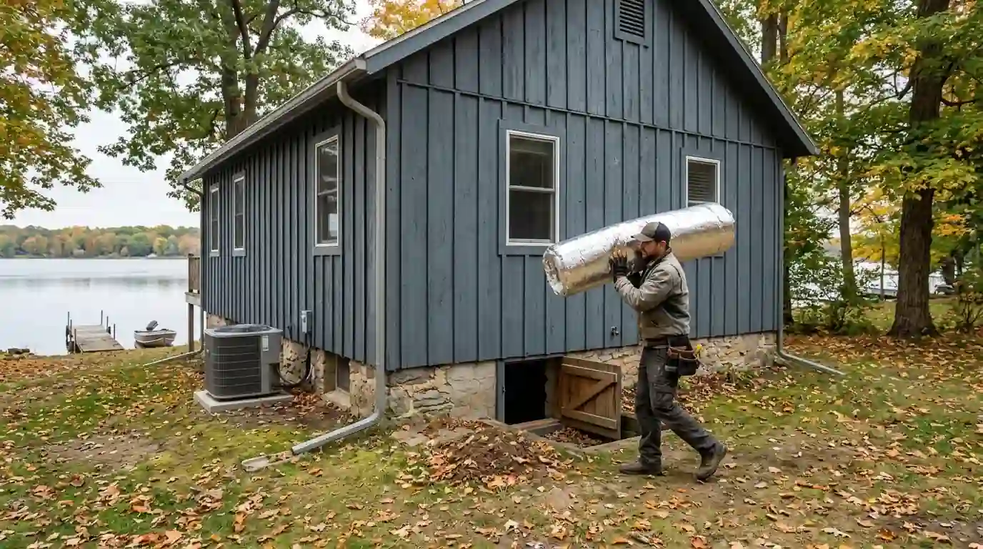 A converted lake cottage with board siding near Kendallville, Indiana, early autumn, calm water behind it, a technician carrying duct insulation toward the crawl space door.