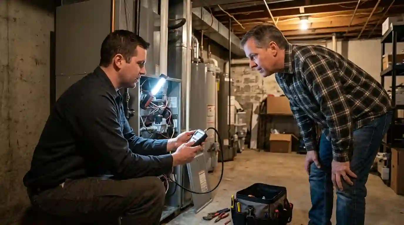 Landcons HVAC technician showing a homeowner gas pressure readings on a meter beside a basement furnace in Fort Wayne, Indiana