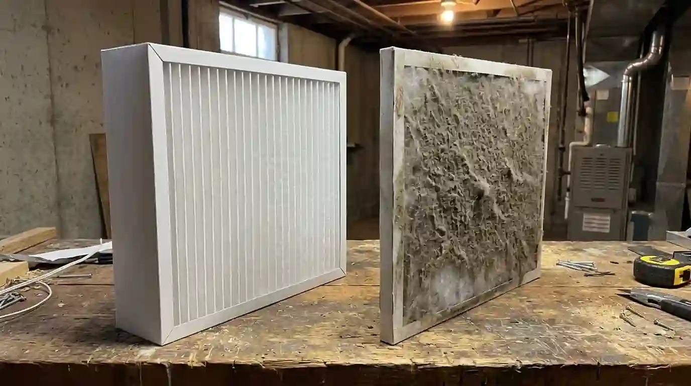 Clean four-inch pleated media filter next to a dirty one-inch filter on a basement workbench in Fort Wayne, Indiana