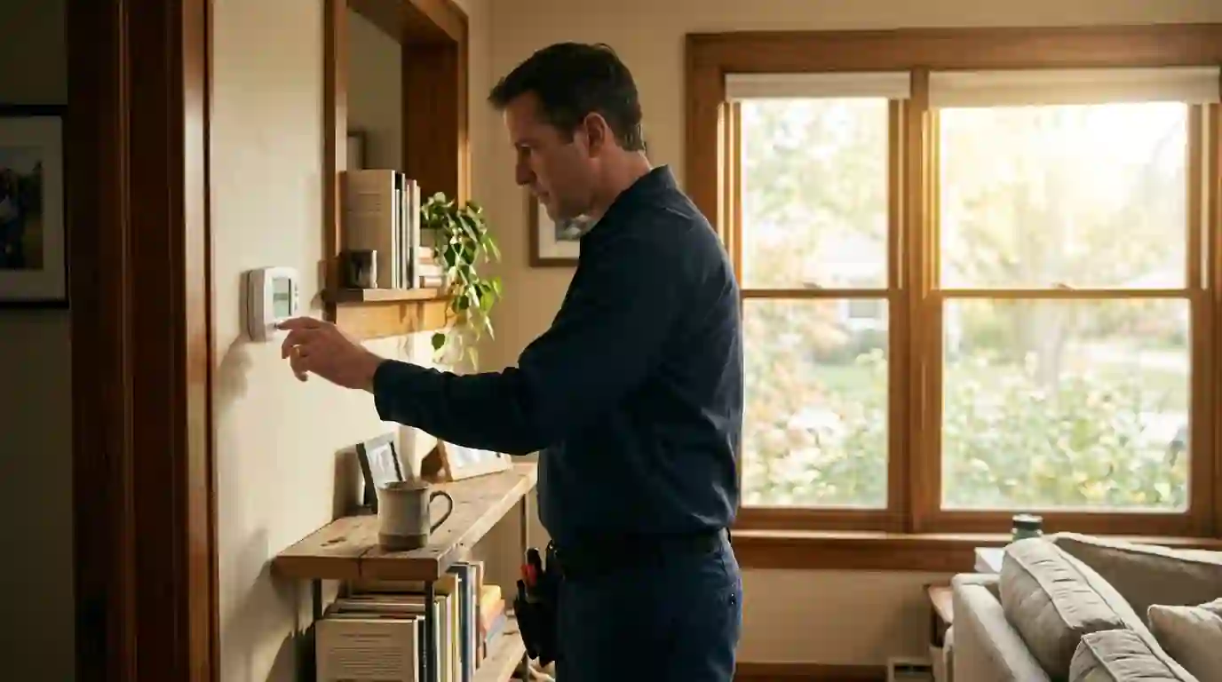 A Landcons technician sets the switchover temperature on a wall thermostat in an Indiana living room, morning light through the window and a coffee mug on the shelf.