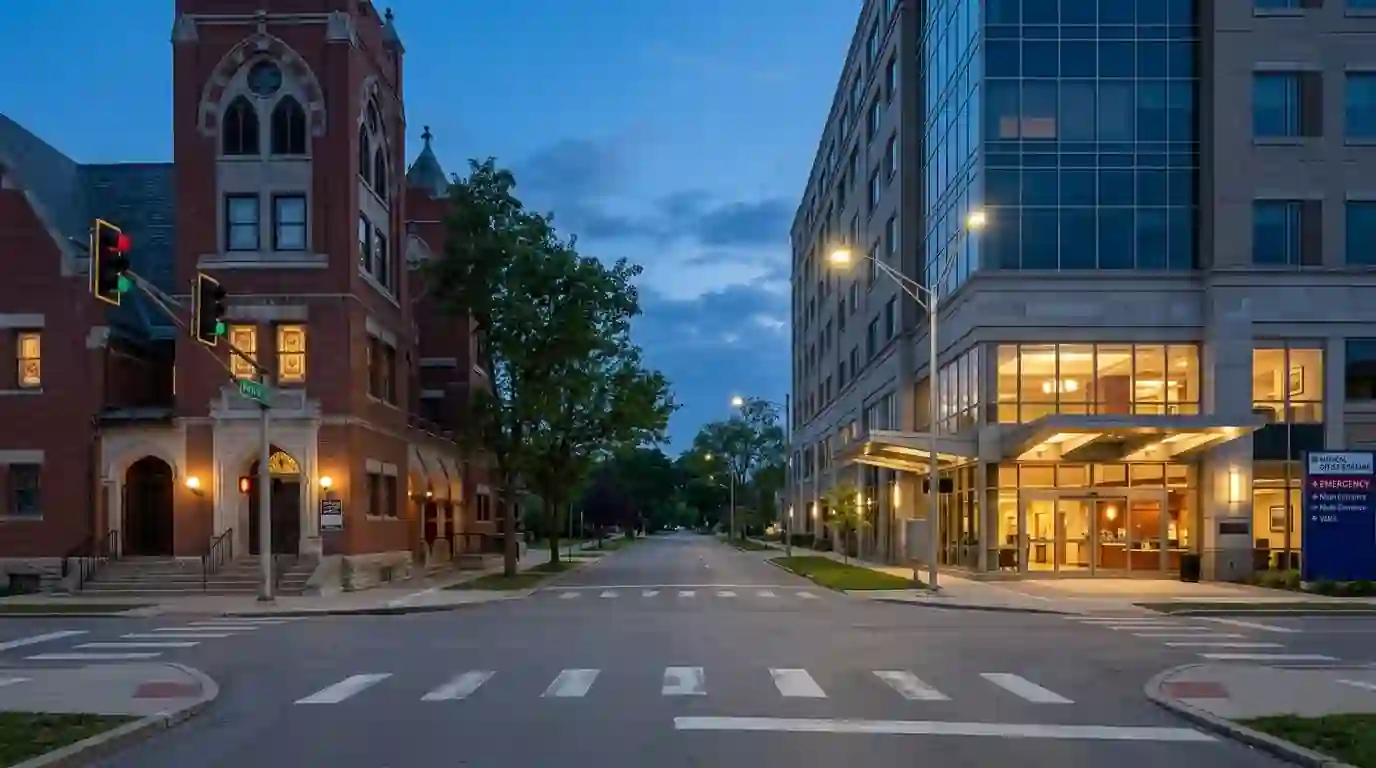 Front entrance of a downtown office building on West Wayne Street in Fort Wayne, Indiana at dusk with lights on inside