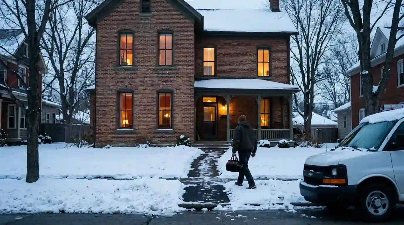 A restored two-story brick home with tall windows near downtown Ligonier, Indiana, January snow on the lawn, warm lamplight inside, a technician walking up the shoveled path with a toolbag.