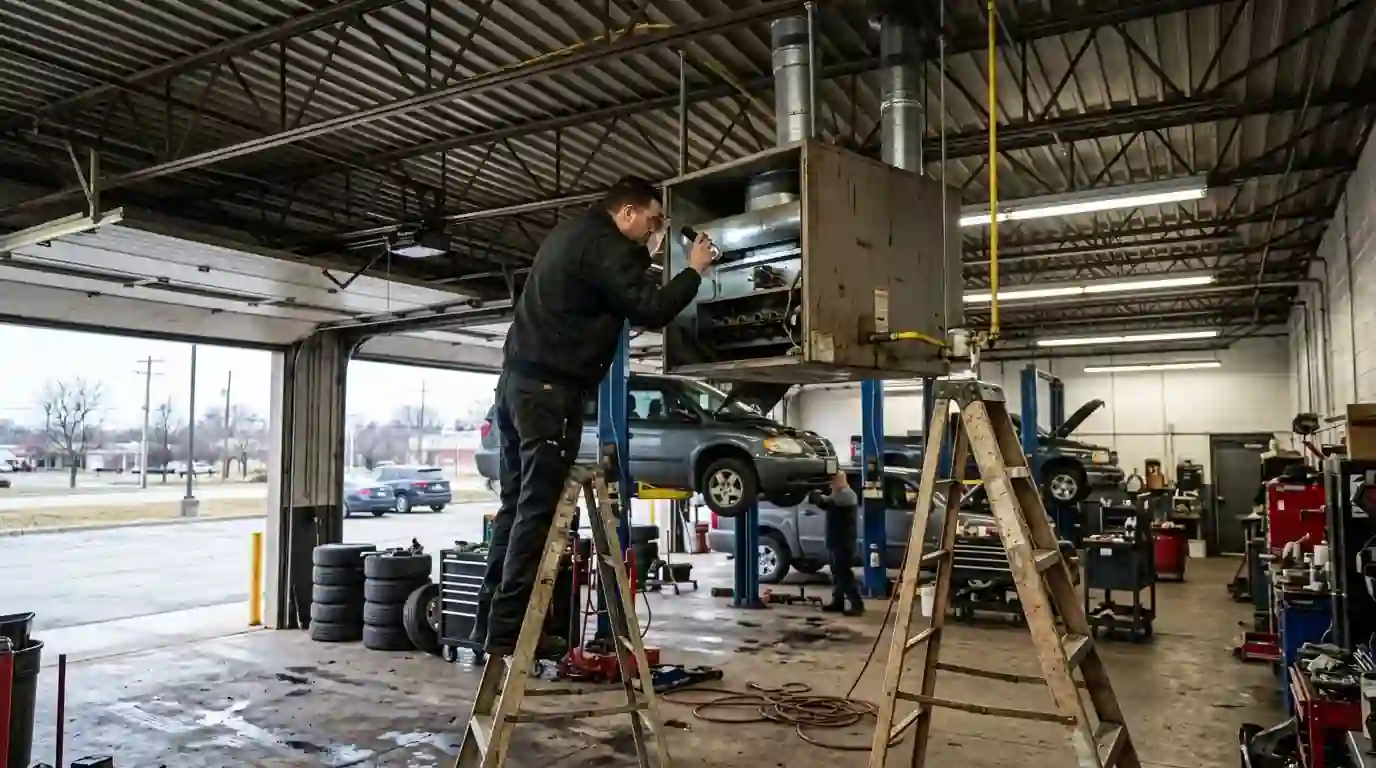 Gas-fired unit heater hanging from the ceiling of an Indiana auto repair shop with a technician on a ladder checking the burner, work bays below