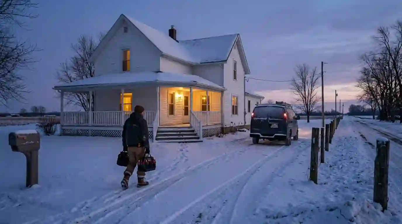 A modest white farmhouse with a wraparound porch on a snowy country road in LaGrange County, Indiana, a technician carrying a tool bag to the front door at dusk